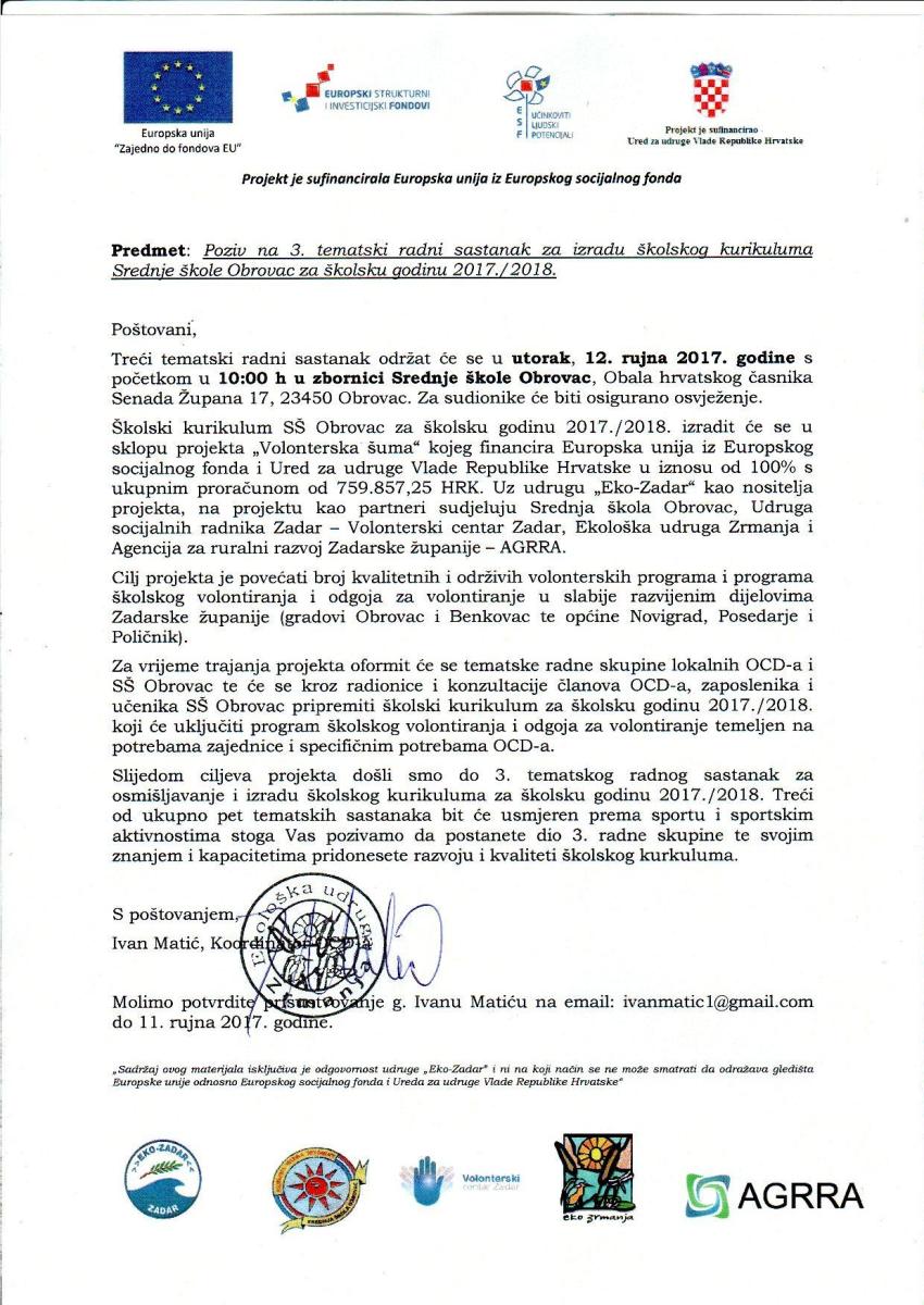 Poziv na 3. tematski radni sastanak u sklopu projekta