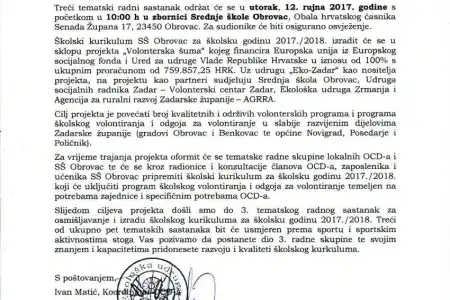 Poziv na 3. tematski radni sastanak u sklopu projekta