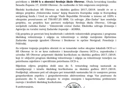 Poziv na 5. tematski radni sastanak u sklopu projekta "Volonterska šuma"