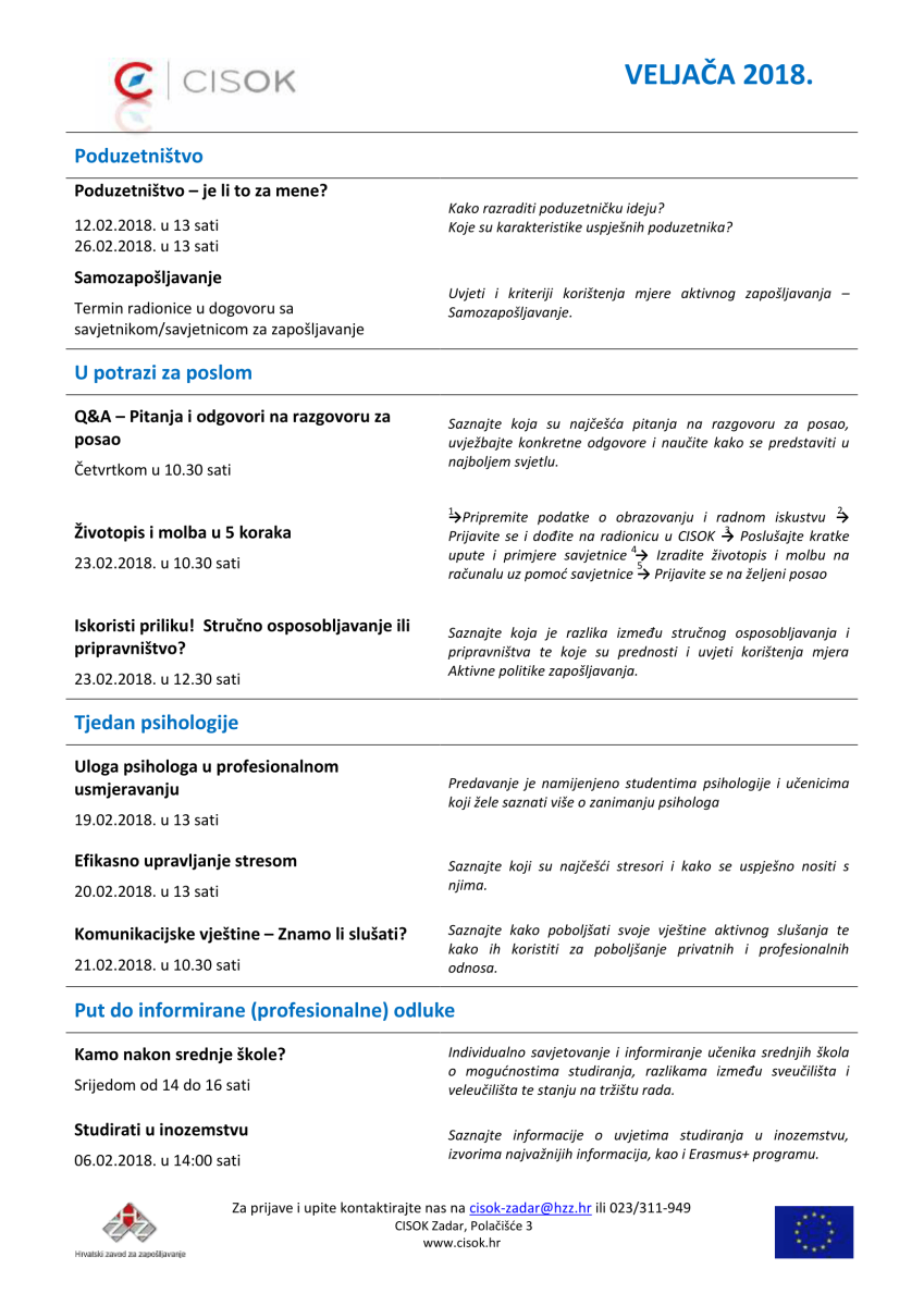 Program aktivnosti CISOK-a za veljaču