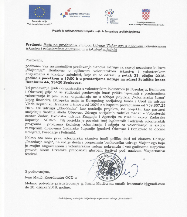 Predavanje članova Udruge „Vlajterego“ o njihovom volonterskom iskustvu i volonterskom angažmanu u lokalnoj zajednici