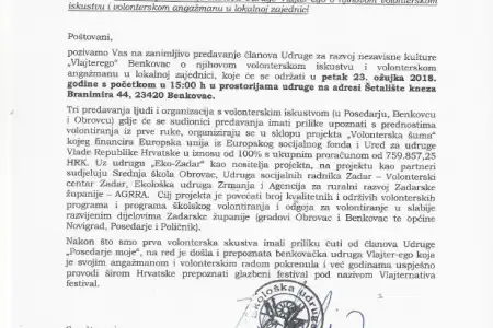 Predavanje članova Udruge „Vlajterego“ o njihovom volonterskom iskustvu i volonterskom angažmanu u lokalnoj zajednici