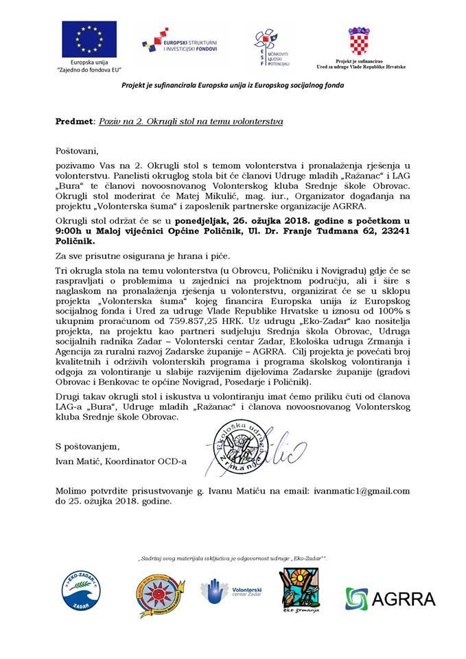Poziv na 2. okrugli stol na temu volonterstva u sklopu "Volonterske šume"