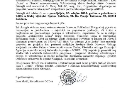 Poziv na 2. okrugli stol na temu volonterstva u sklopu "Volonterske šume"