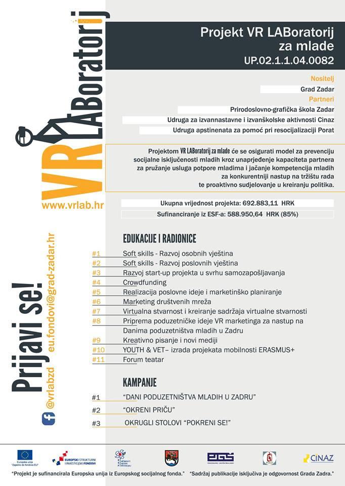 Razvoj osobnih i poslovnih vještina - edukacije za mlade u sklopu projekta VR laboratorij za mlade Zadar - Poziv za prijavu