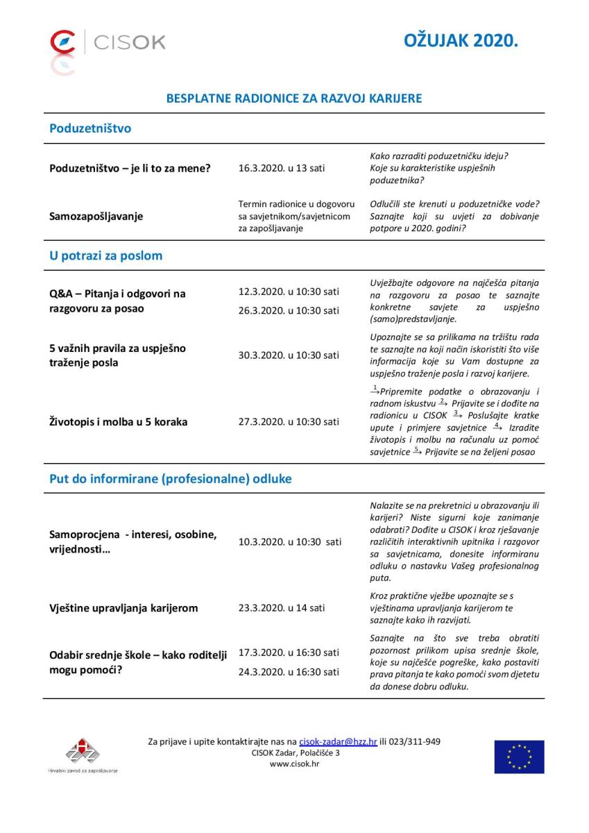 Najava radionica u zadarskom CISOK-u za ožujak