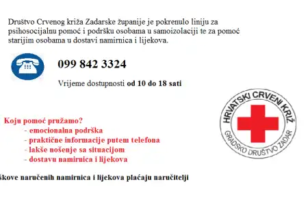 Otvorena telefonska linija Crvenog križa za psihosocijalnu pomoć i pomoć u dostavi namirnica